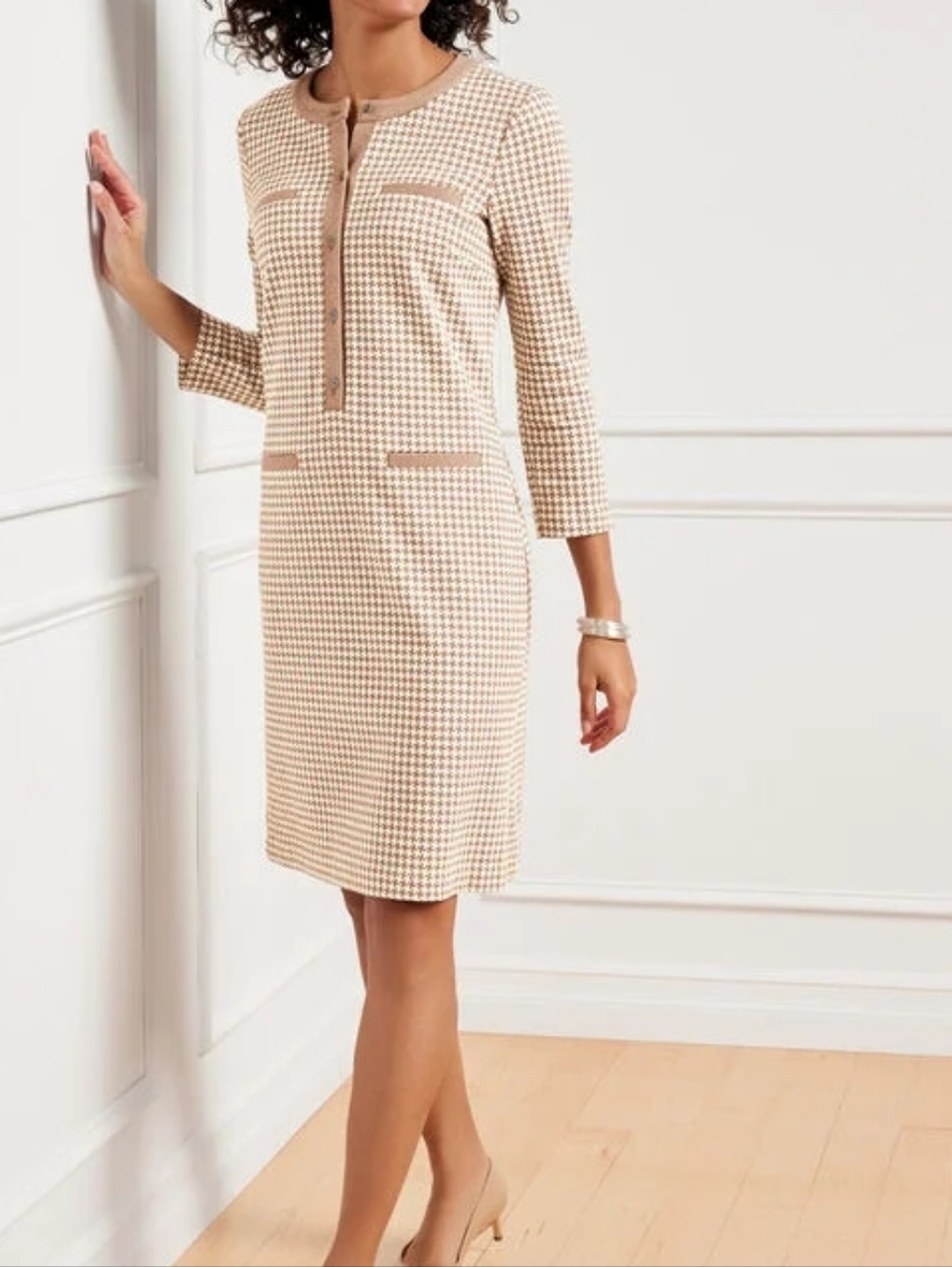 L Talbots Brown & Cream Geo Knit Houndstooth Dress